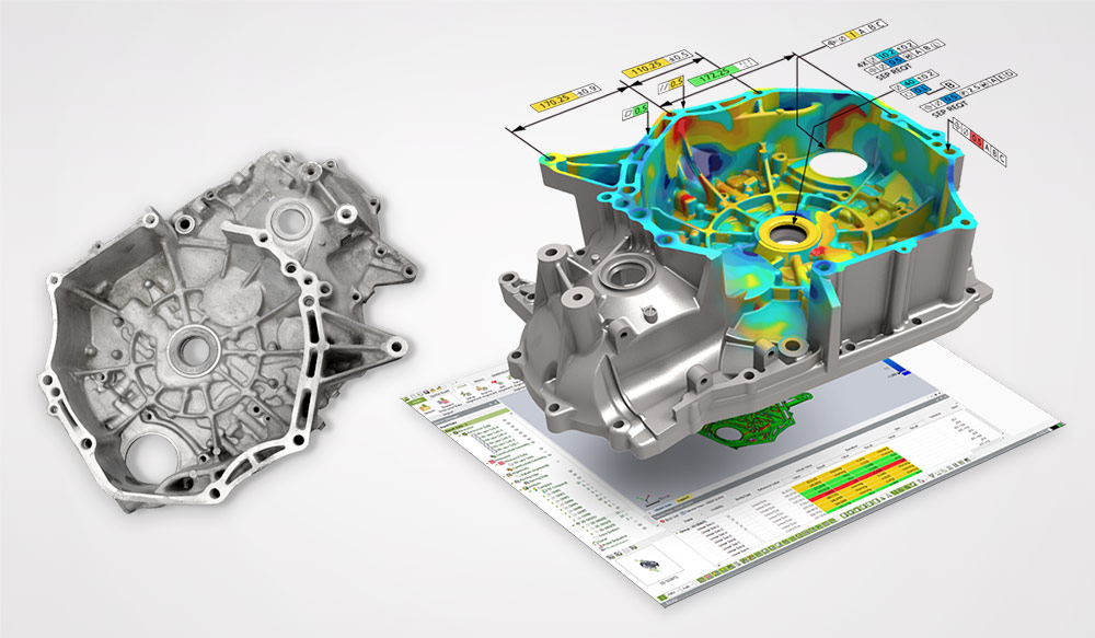 A metallic engine housing component alongside a 3D digital simulation model showing stress analysis with color heatmaps.