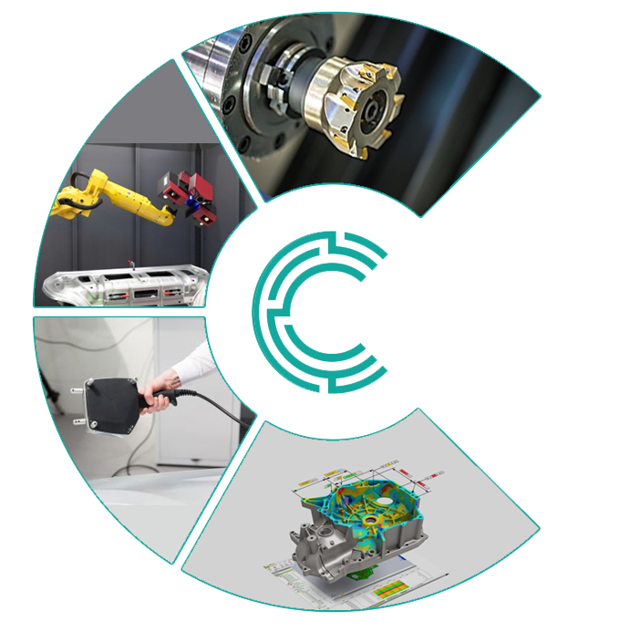A teal logo shaped like a C surrounded by images of industrial machining, robotics, testing, and 3D engineering software.