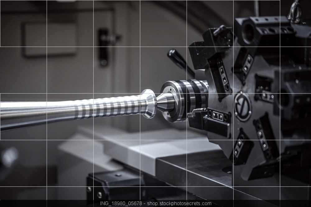 A close-up of a metal baseball bat being precision-machined by a CNC lathe in an industrial workshop.