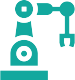 Teal icon of an industrial robotic arm with a gripper on a base.