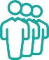 A teal icon featuring three stylized human figures standing in a row, representing a group or team.