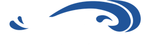 Blue abstract swoosh logo with two curved shapes on a white background