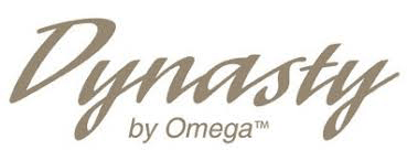 Dynasty by Omega logo in gold script on a white background