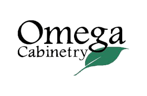 Omega Cabinetry logo with black text and a green leaf graphic