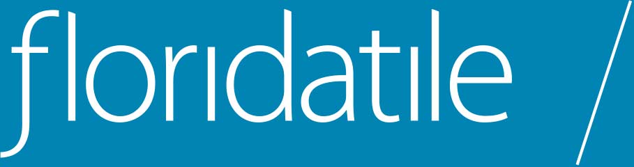White “floridatile” wordmark on a teal background with a white diagonal line