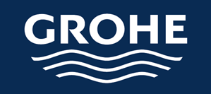 GROHE logo in white on a dark blue background with wave lines beneath the text