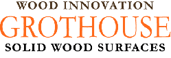 Wood Innovation Grothouse logo with orange and black text for solid wood surfaces