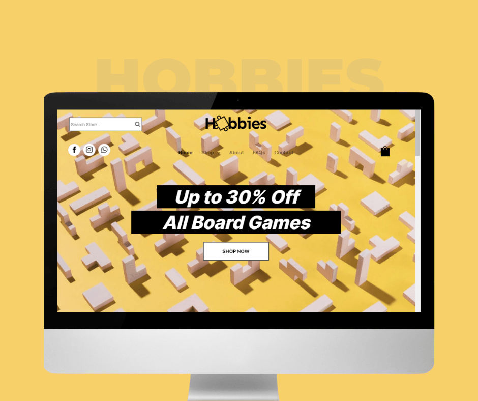 A computer screen shows a website for hobbies offering up to 30 % off all board games.