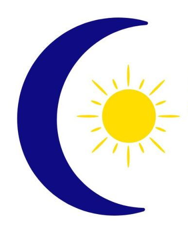 A blue crescent moon and a yellow sun on a white background