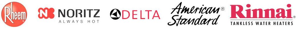 logos for Rheem, Noritz, Delta, American Standard & Rinnai