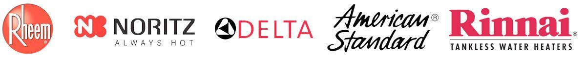 logos for Rheem, Noritz, Delta, American Standard & Rinnai