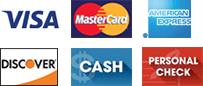Payment method icons: Visa, Mastercard, American Express, Discover, cash, and personal check.