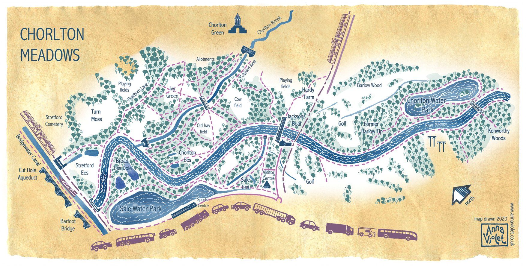 anna violet illustrator, ,chorlton meadows, sale water park, chorlton water park, jacksons boat