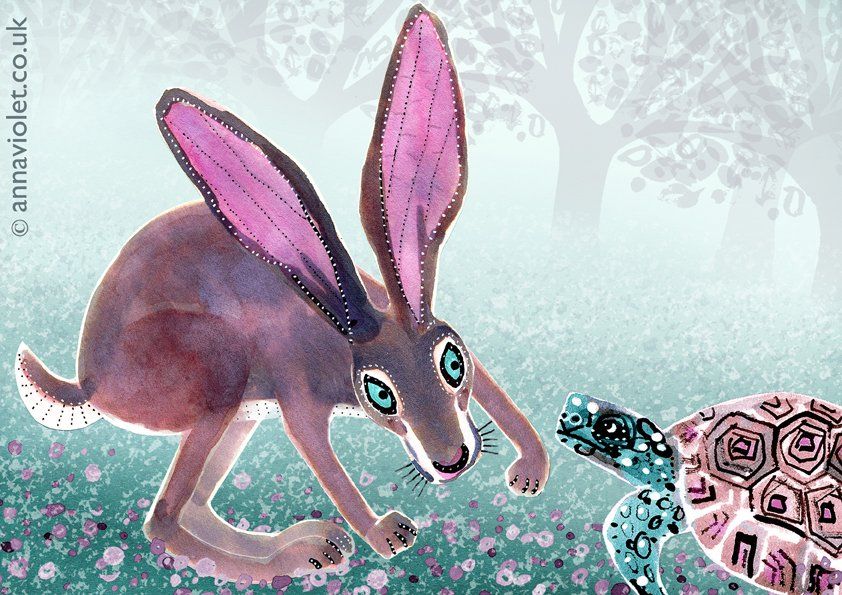 Hare, tortoise, aesops, fable, inky, decorative