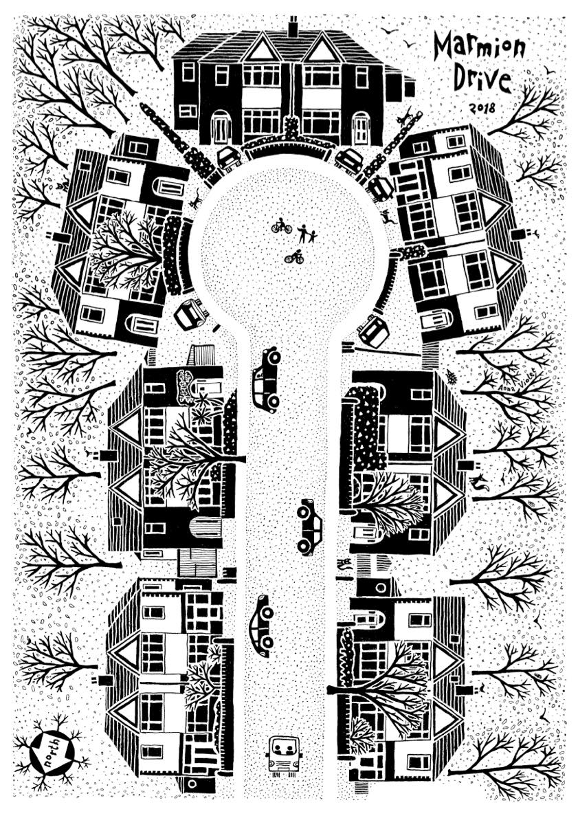 street portrait, home street, houses, commission,black and white, illustration, graphic, bold, anna violet illustrator,