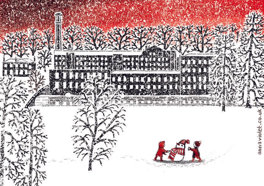 mill, Quarry Bank House, snowman, snow, Styal mill, Cheshire, anna violet illustrator.