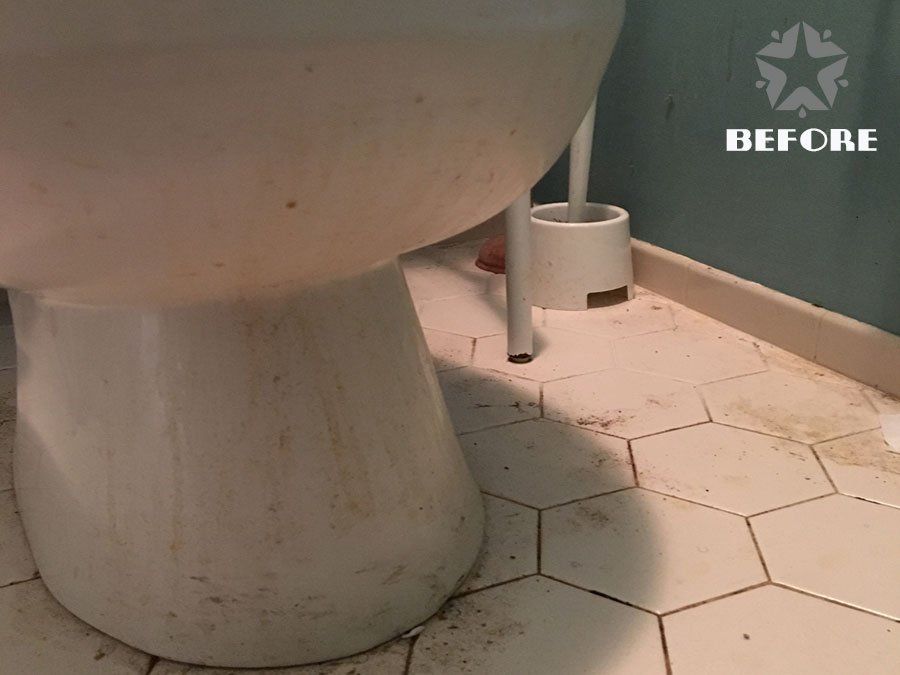 Dirty bathroom floor beside a white toilet with a small trash can nearby, labeled “BEFORE”
