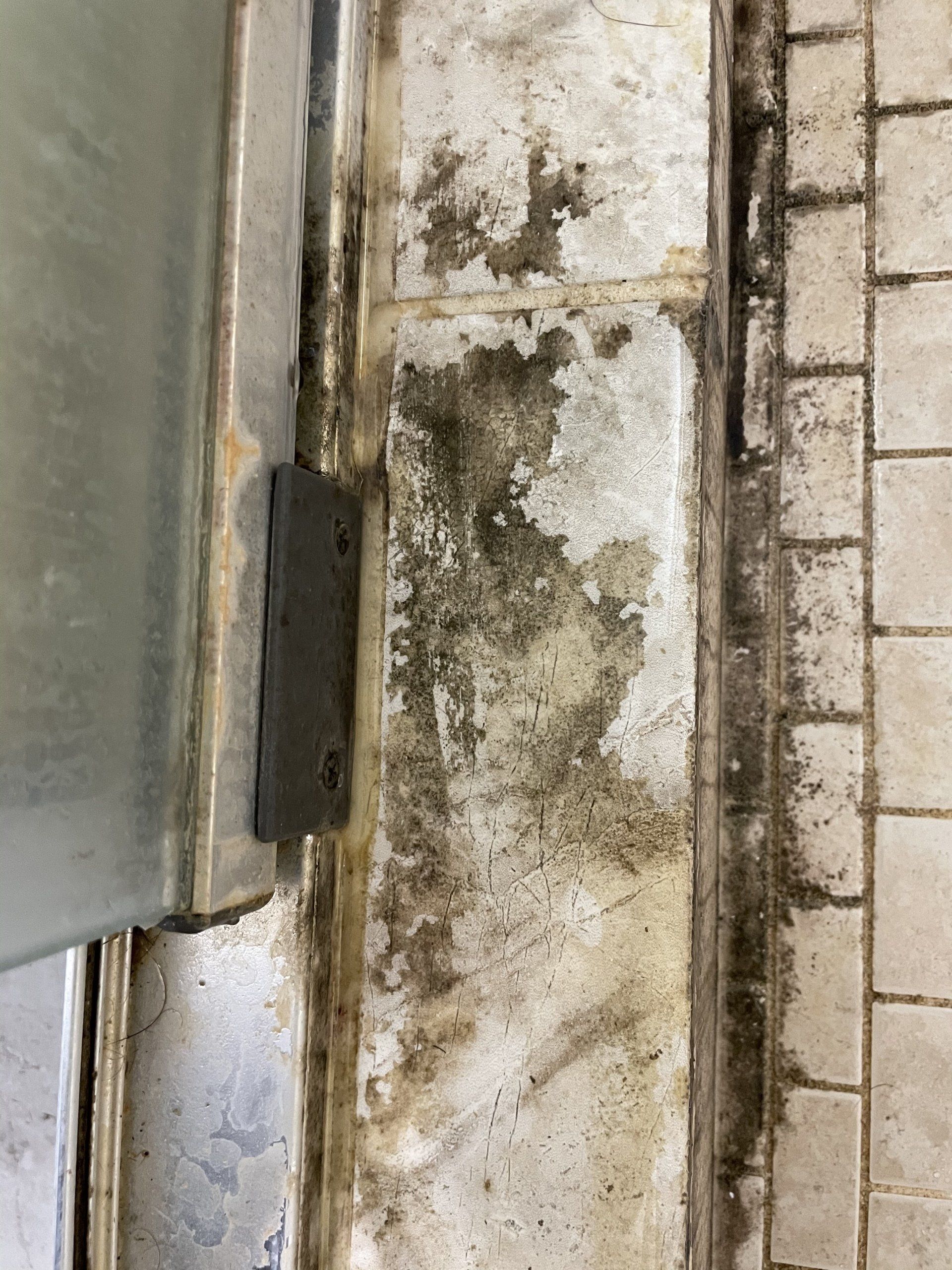 Mold and grime on a weathered concrete wall beside a metal door hinge and tiled pavement
