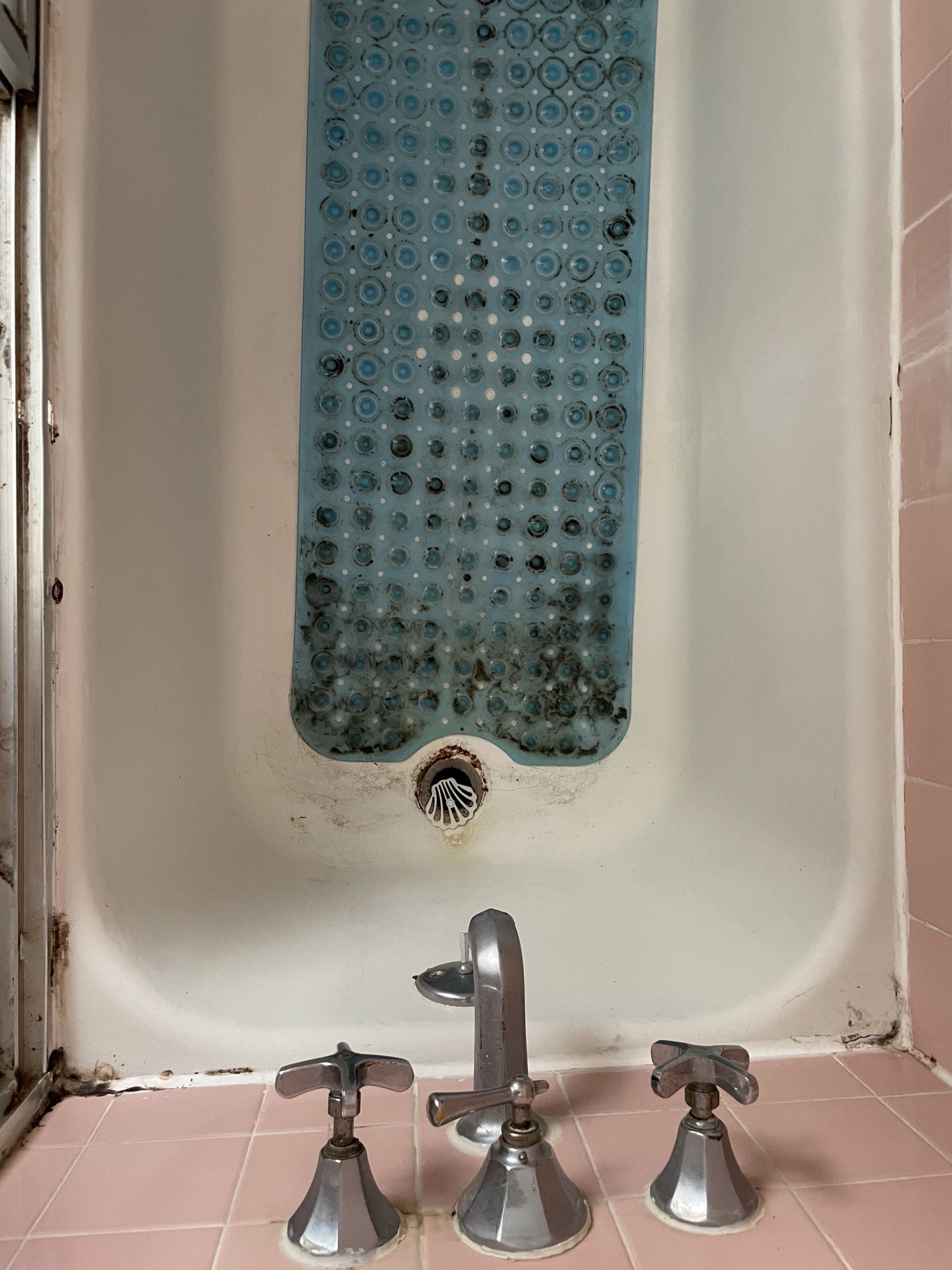 Bathtub with a glass shower panel and three faucet handles on pink tile floor.