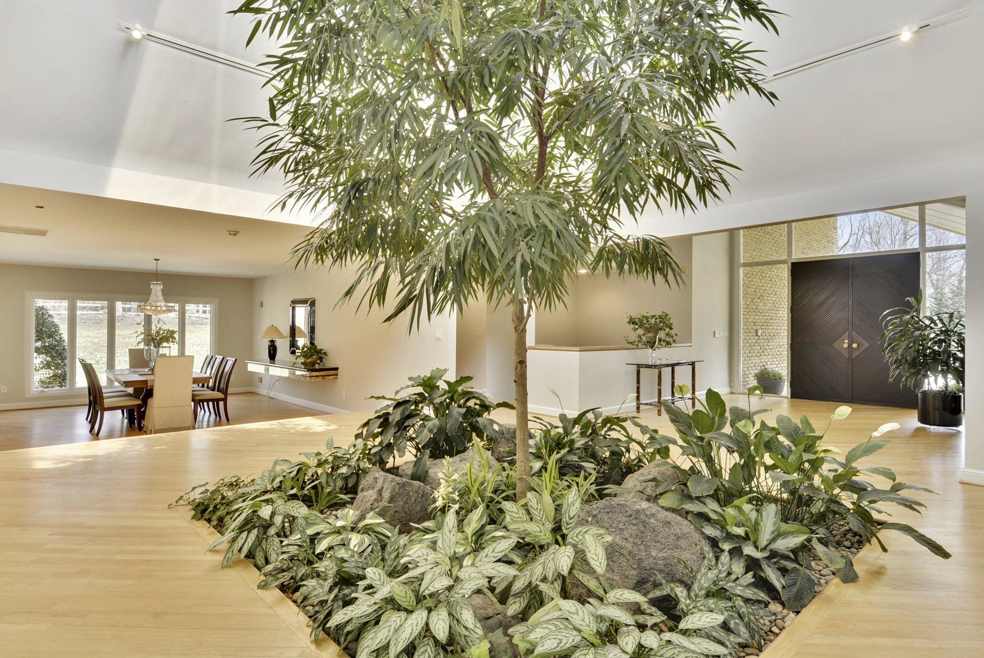 Bright indoor lobby with a large tree planter, wooden floors, and seating areas
