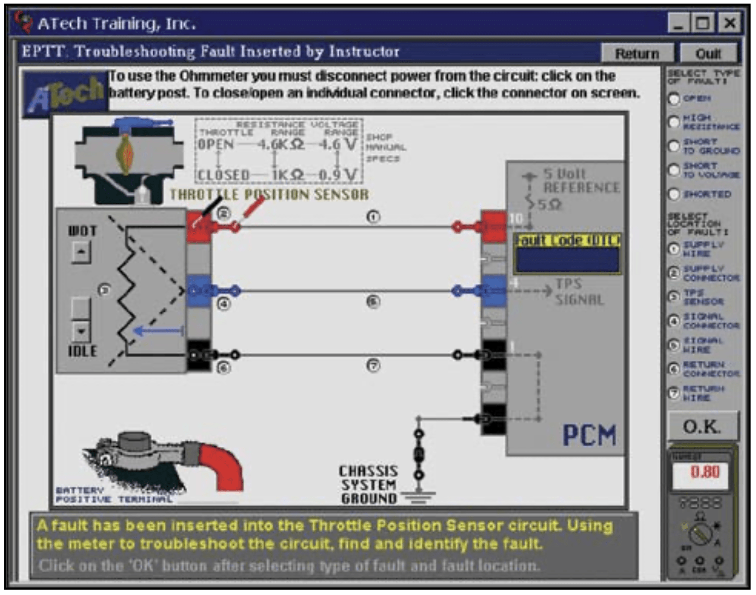 A computer screen shows a diagram of a throttle position sensor circuit