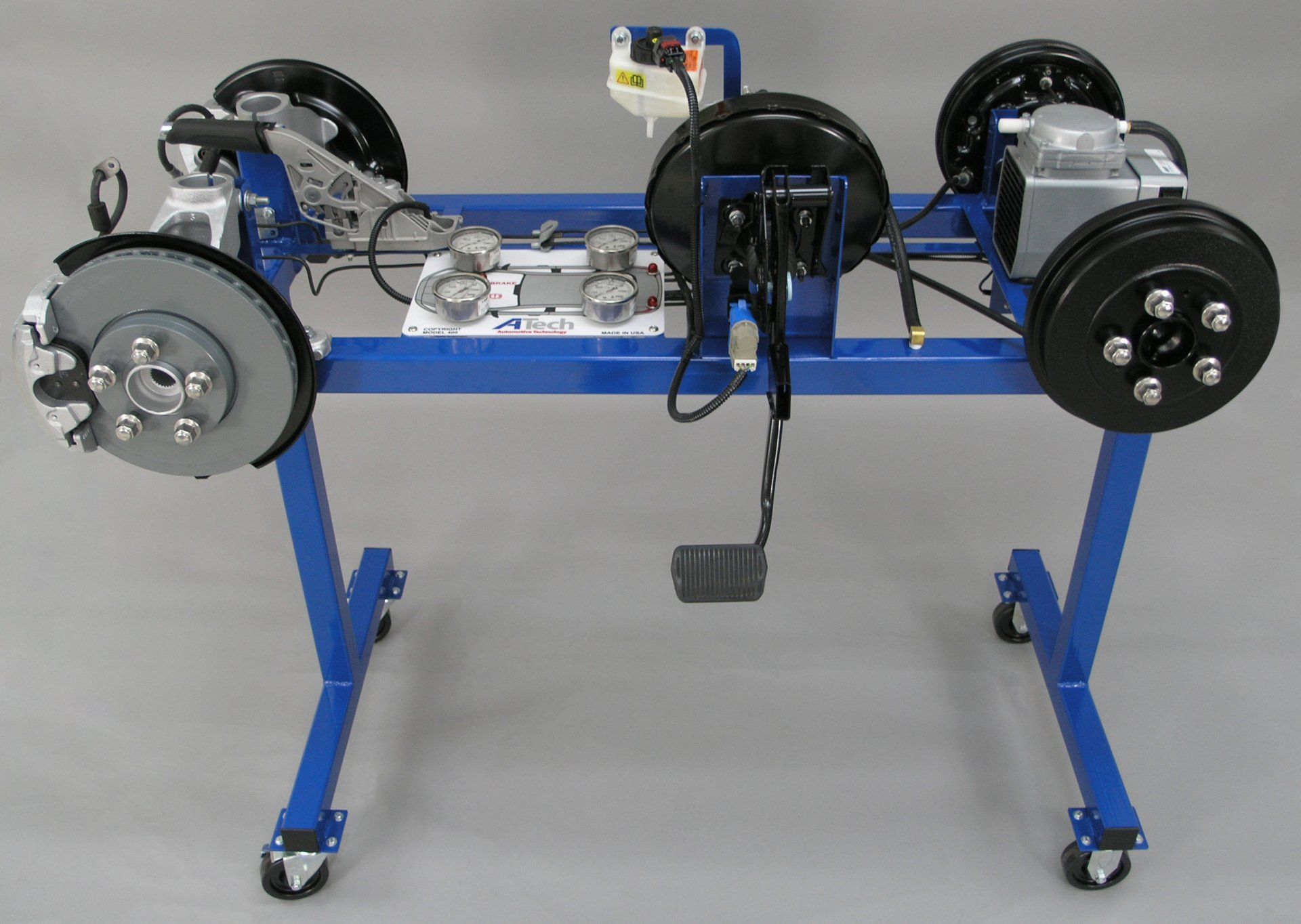 A blue stand with wheels and a brake system on it