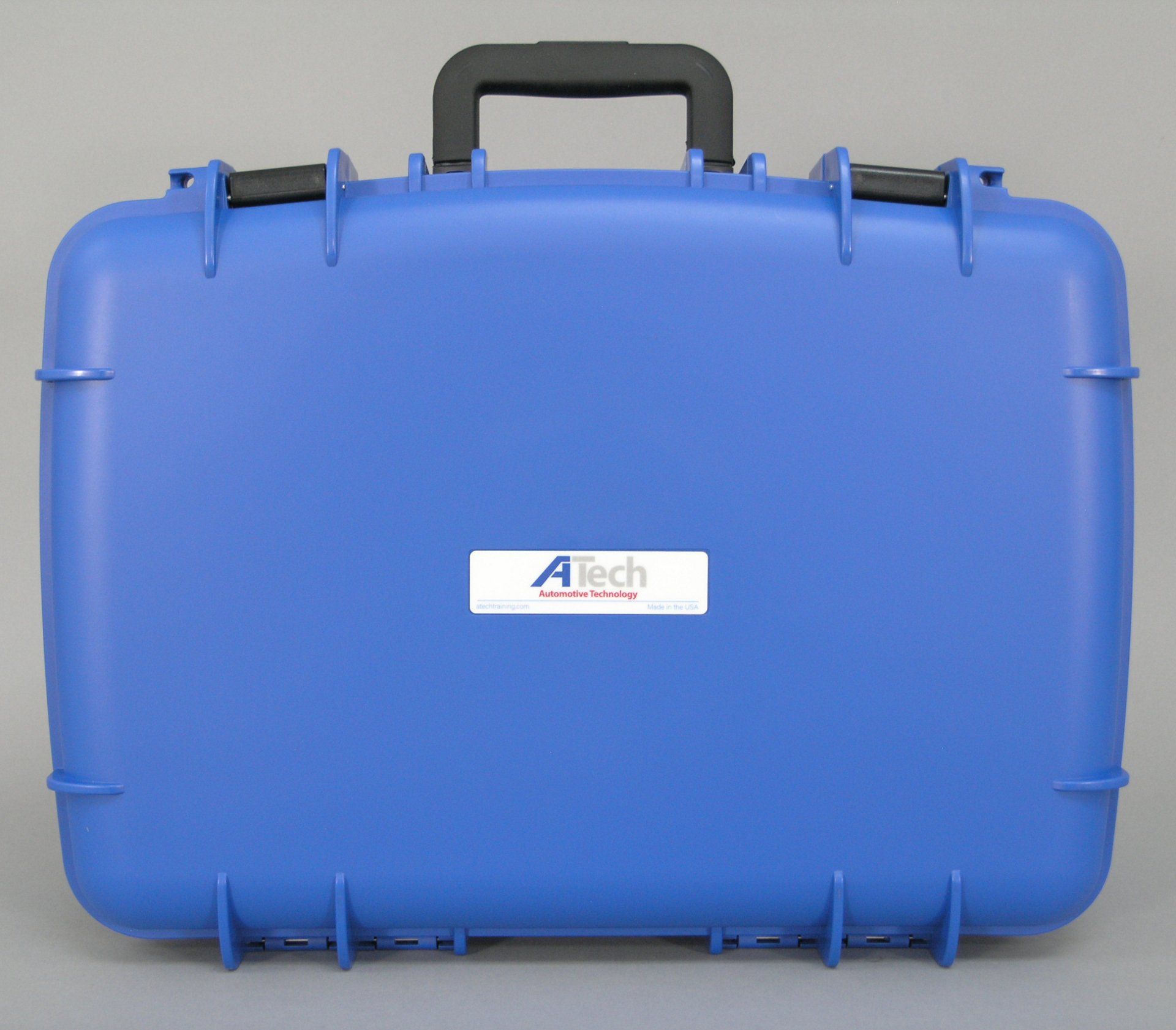 A blue atech case with a black handle