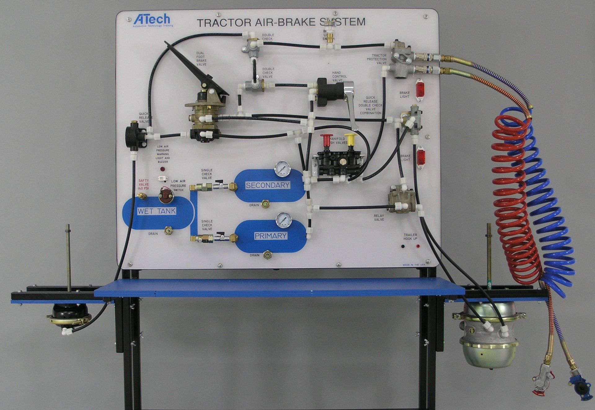 A tractor air brake system is displayed on a table