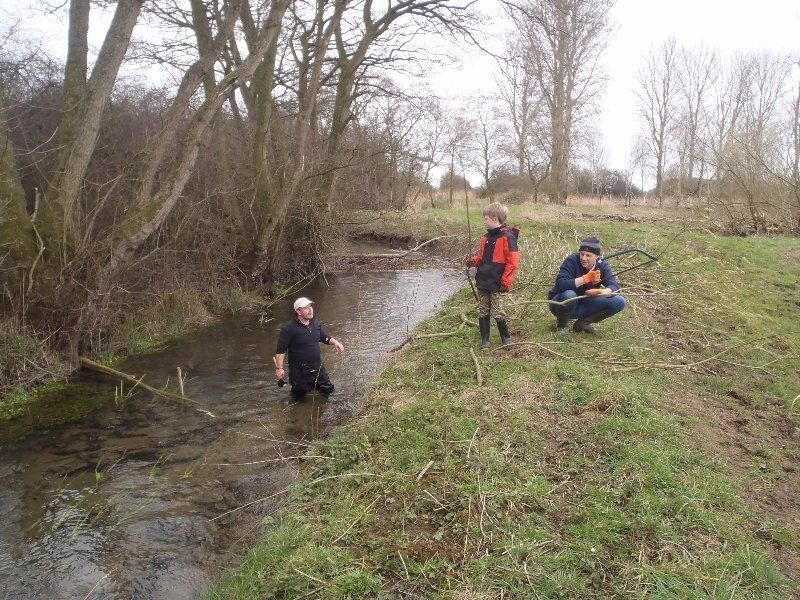 A group of people are standing in a stream.