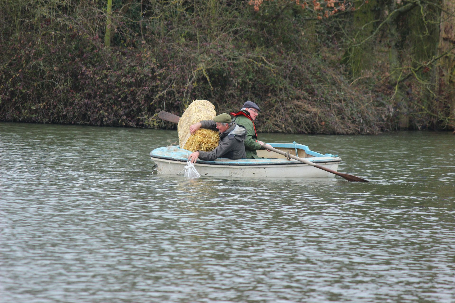 A group of people are rowing a boat on a lake.