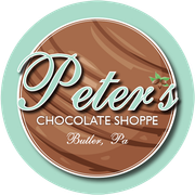 Peter's Chocolate Shoppe logo: brown circle with teal accents and stylized text.