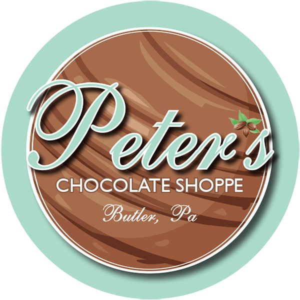 Peter's Chocolate Shoppe logo: brown circle with teal accents and stylized text.