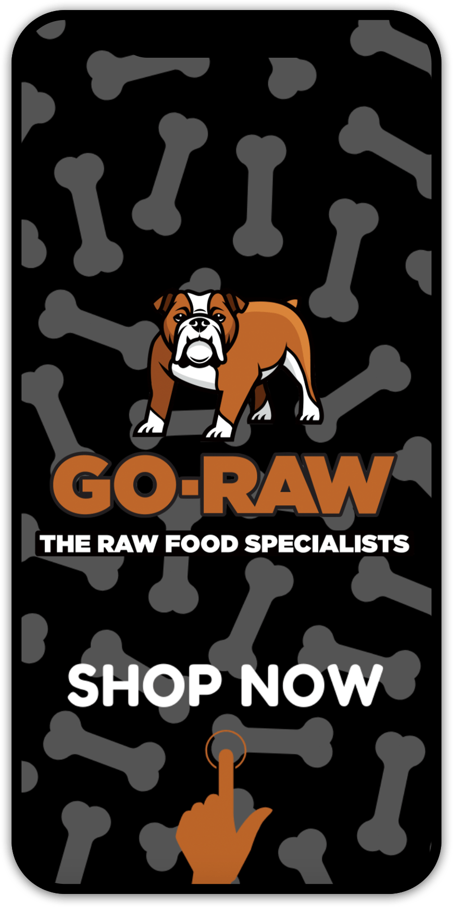 Advertisement for Go-Raw featuring a bulldog, text, and a hand pointing to