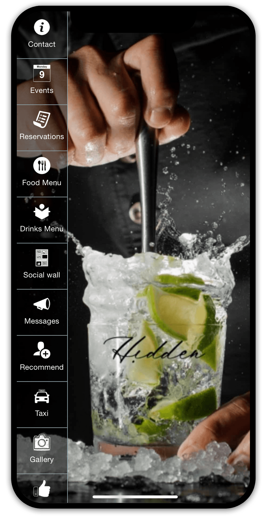 Smartphone app interface with a cocktail being mixed; menu options on the left: contact, events, reservation, etc.