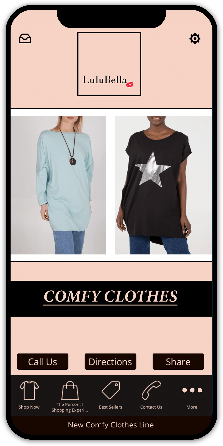 Mobile app displaying clothing, logo, and