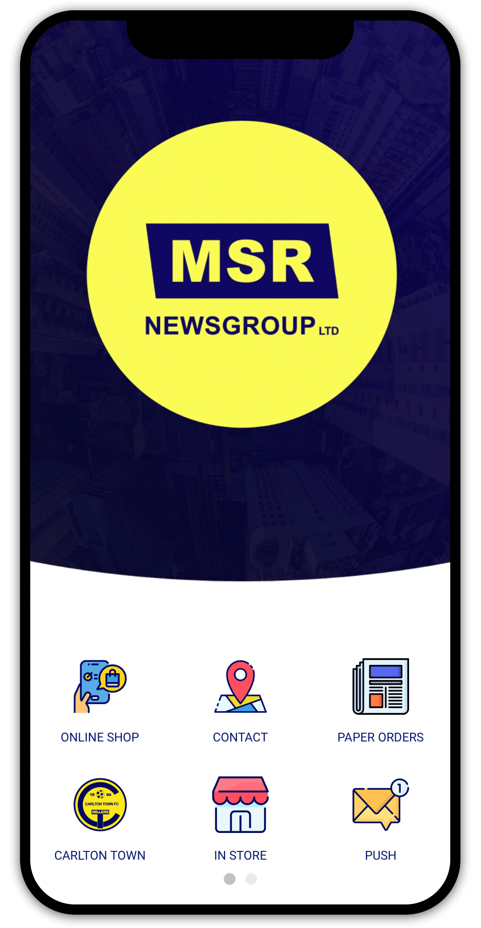 Mobile app screen: MSR Newsgroup logo, featuring navigation icons for categories like