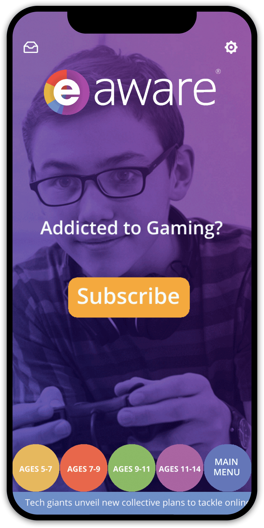 Mobile app screen: purple background with a boy in glasses.