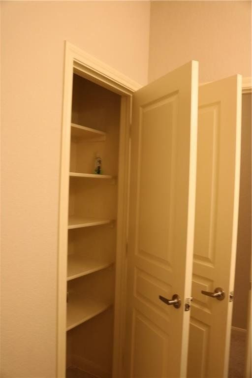 A closet with shelves and a door that is open