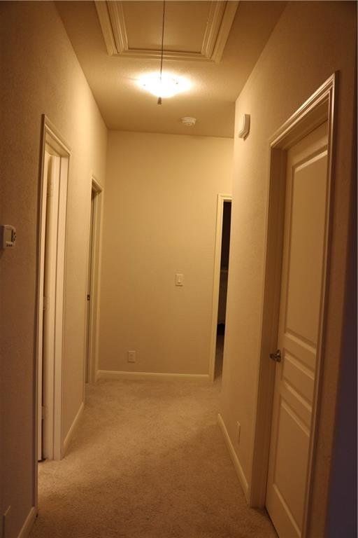 An empty hallway with a light on the ceiling