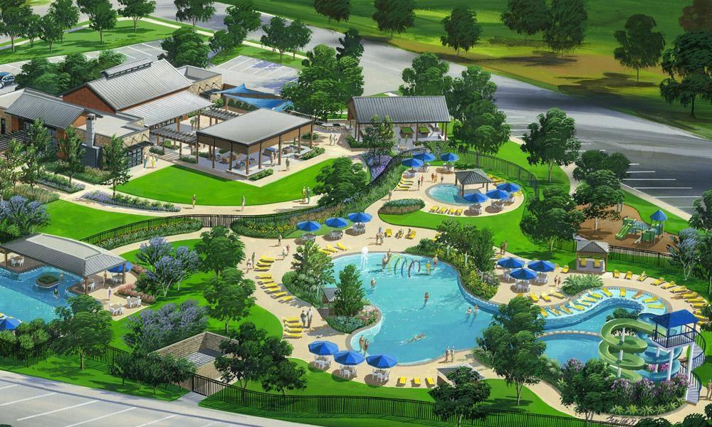 An artist 's impression of a water park with a large pool and a water slide.