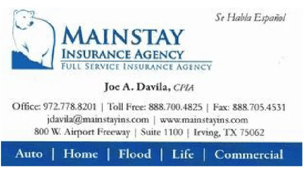 A business card for the mainstay insurance agency