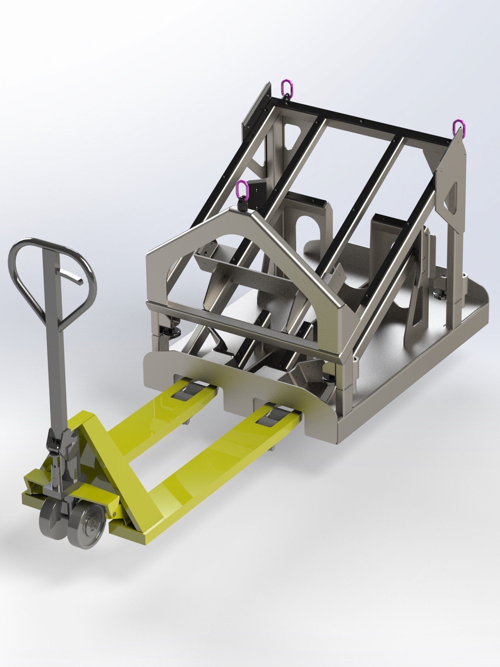 Ein 3D-Modell eines Hubwagens, der eine Metallstruktur zieht.