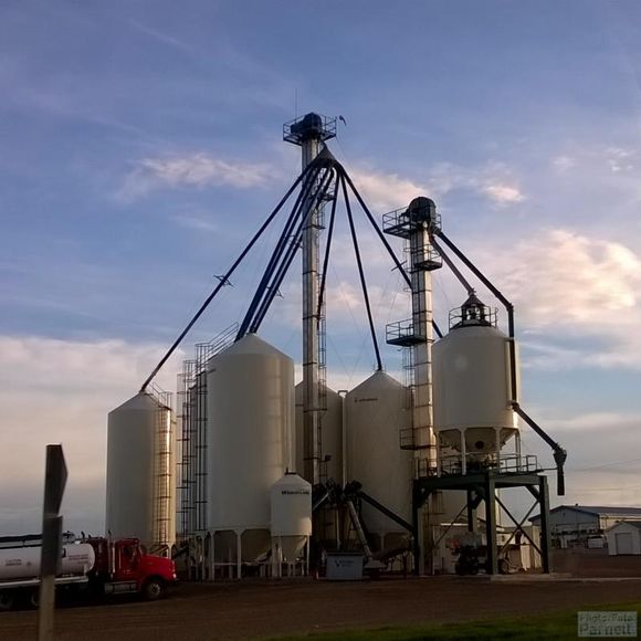 Farm supply depot with bulk product storage and hopper bottom bins.