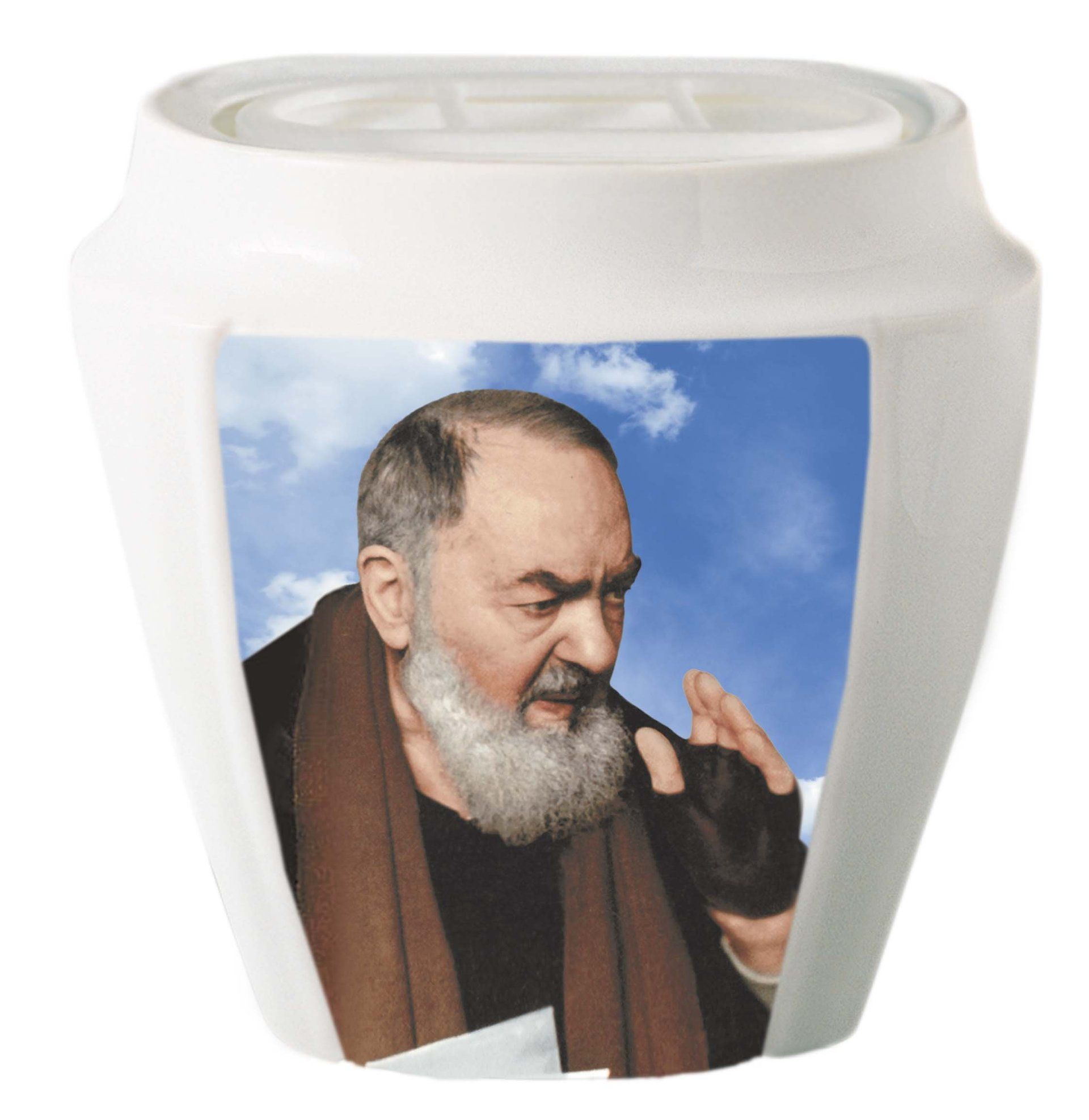 vaso con stampa di padre pio e sfondo del cielo