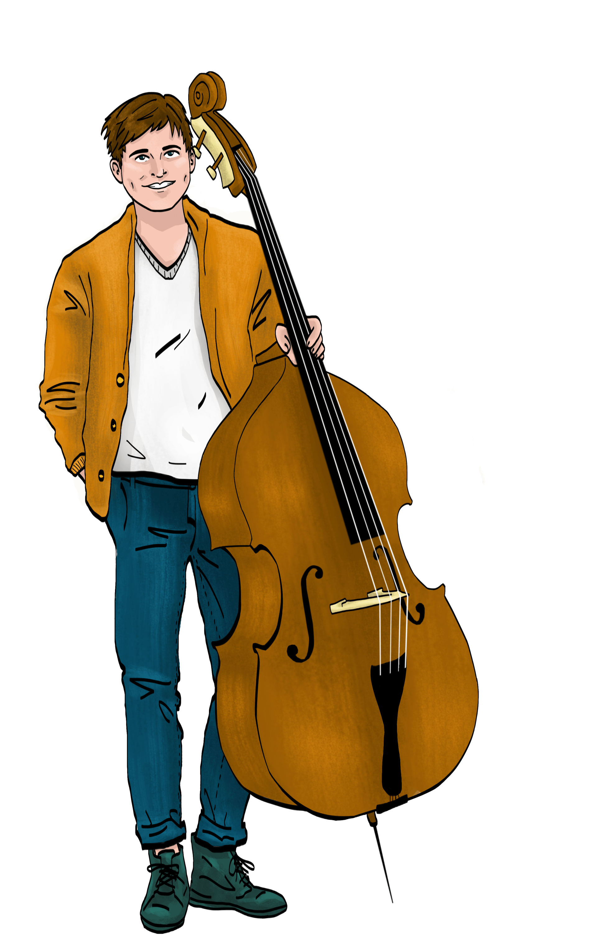 A man in a yellow jacket is holding a double bass