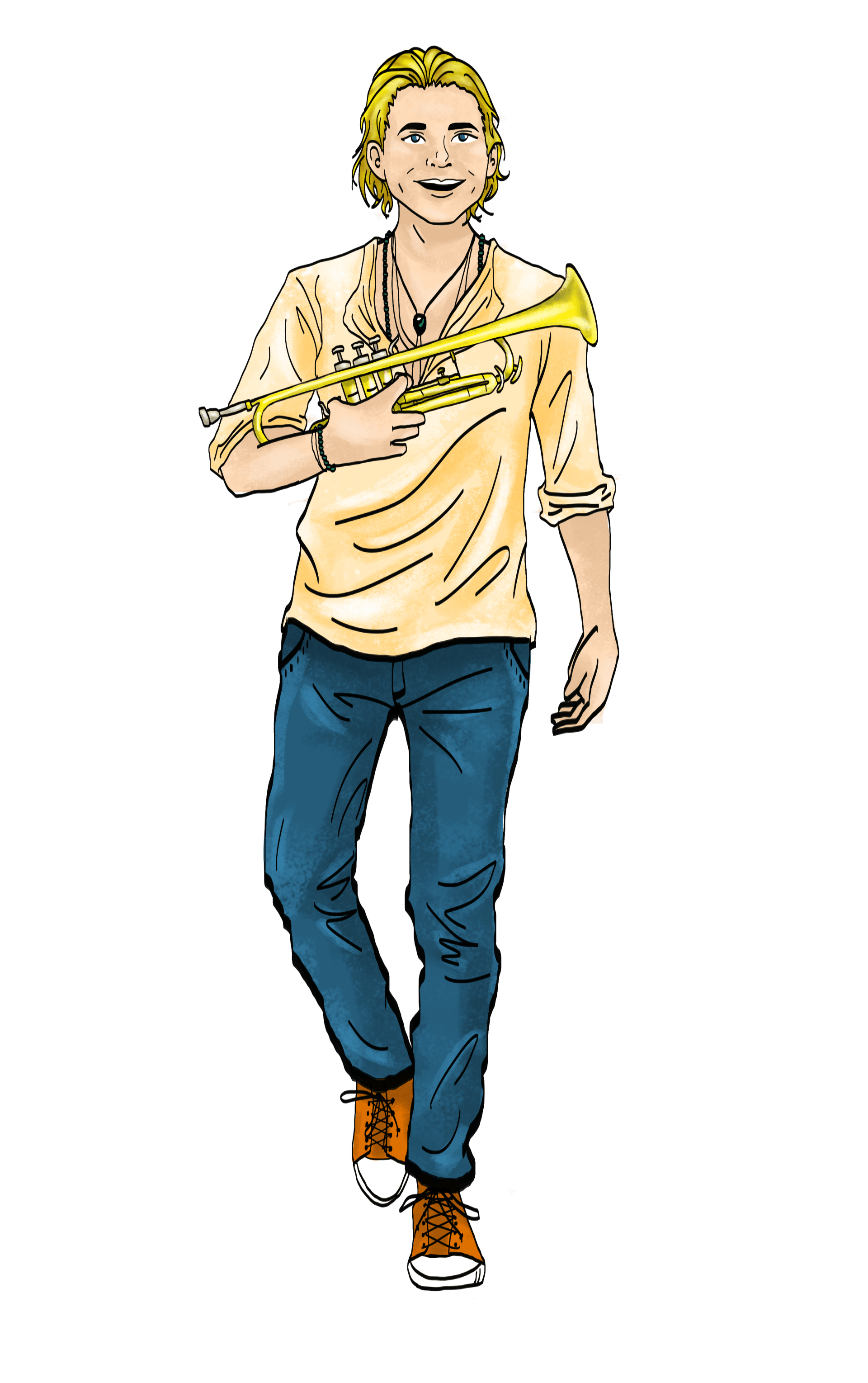 A man in a yellow shirt and blue jeans is holding a trumpet.
