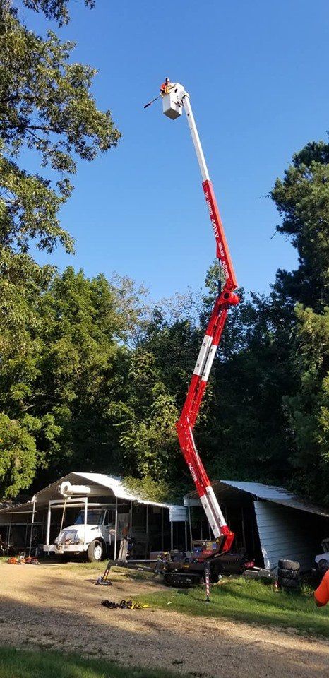 Cherry picker boom extended high, reaching toward sky. Red and white boom, white bucket, over shed and trees.