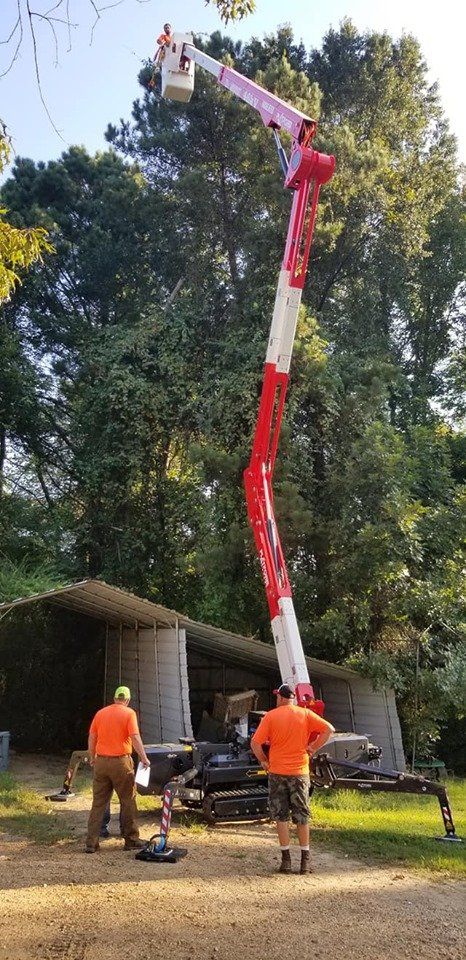 Two men operating a cherry picker lift near a building and large tree. The boom is extended high.
