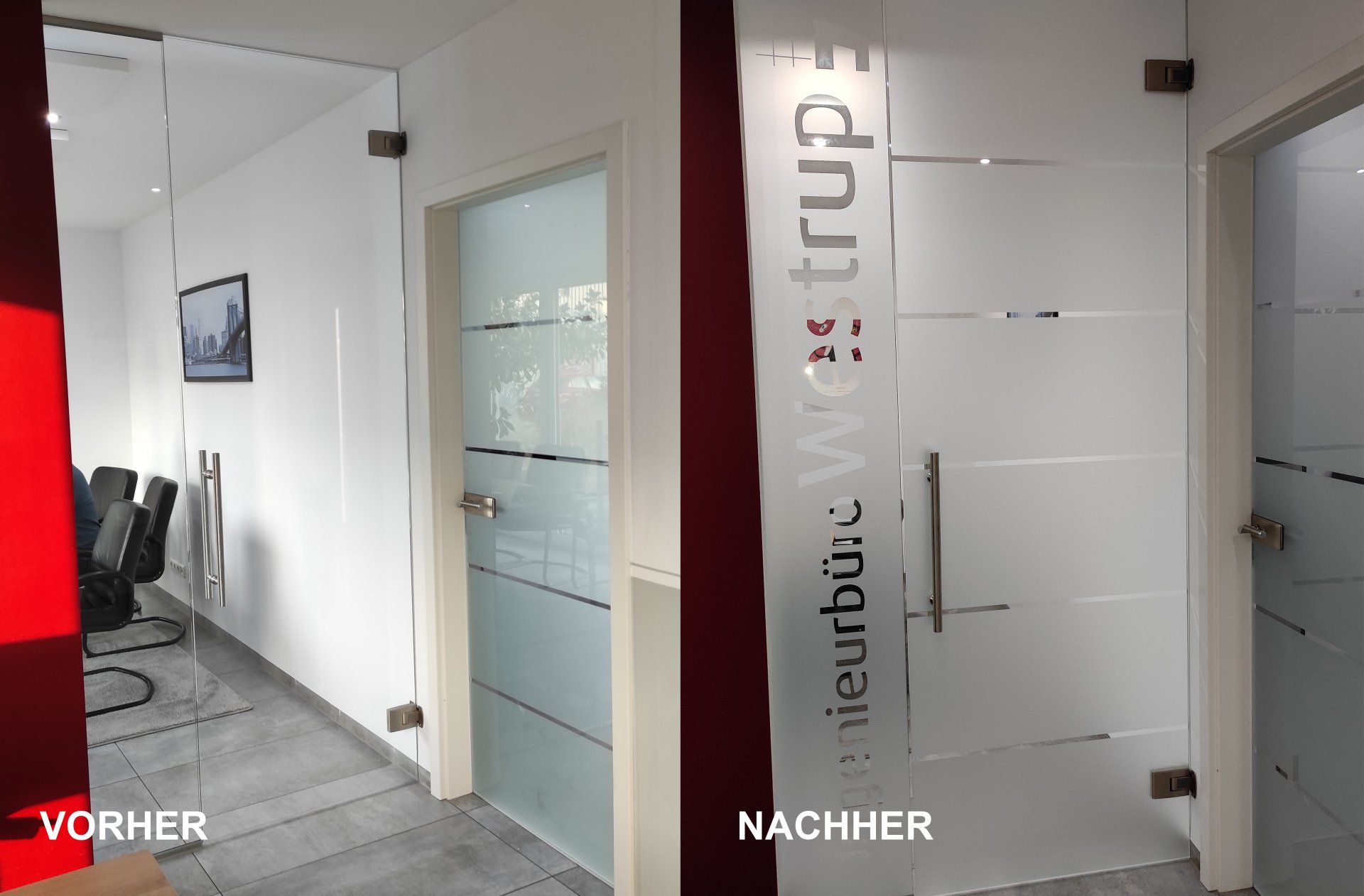 A before and after photo of a glass door