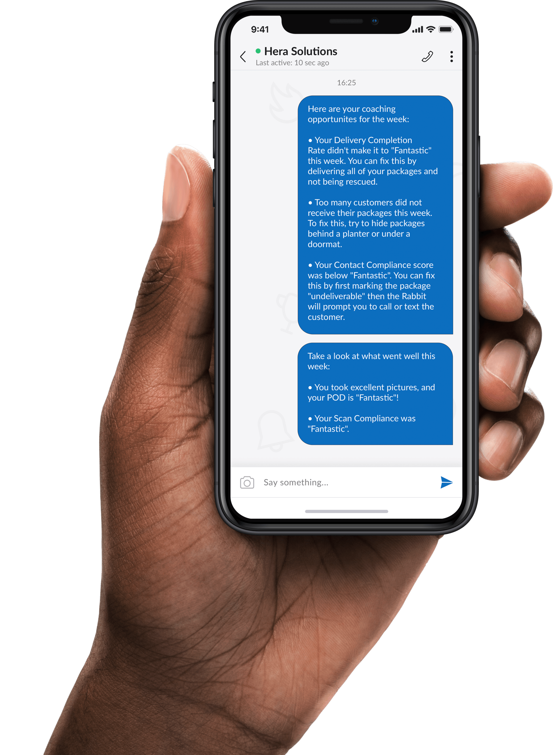 A hand holds a smartphone displaying a messaging app with two blue speech bubbles containing text.